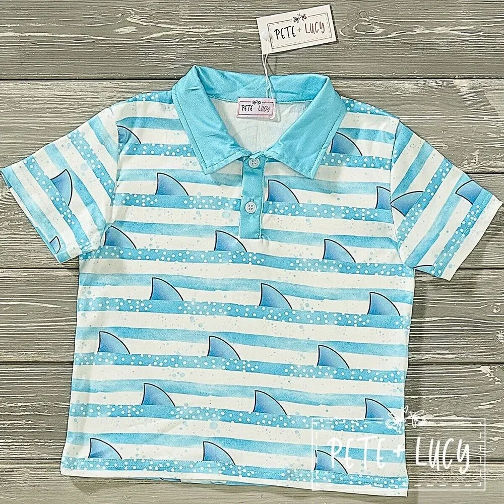 PETE + LUCY Blue Striped Sharp as a Shark Boys Polo Style Shirt NEW 0-6 months